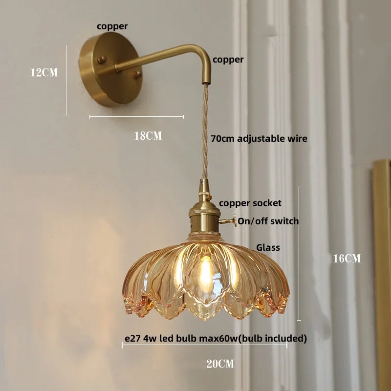 Afralia™ Nordic LED Wall Lights Pull Chain Clear Glass Rotate Copper Bedside Lamp