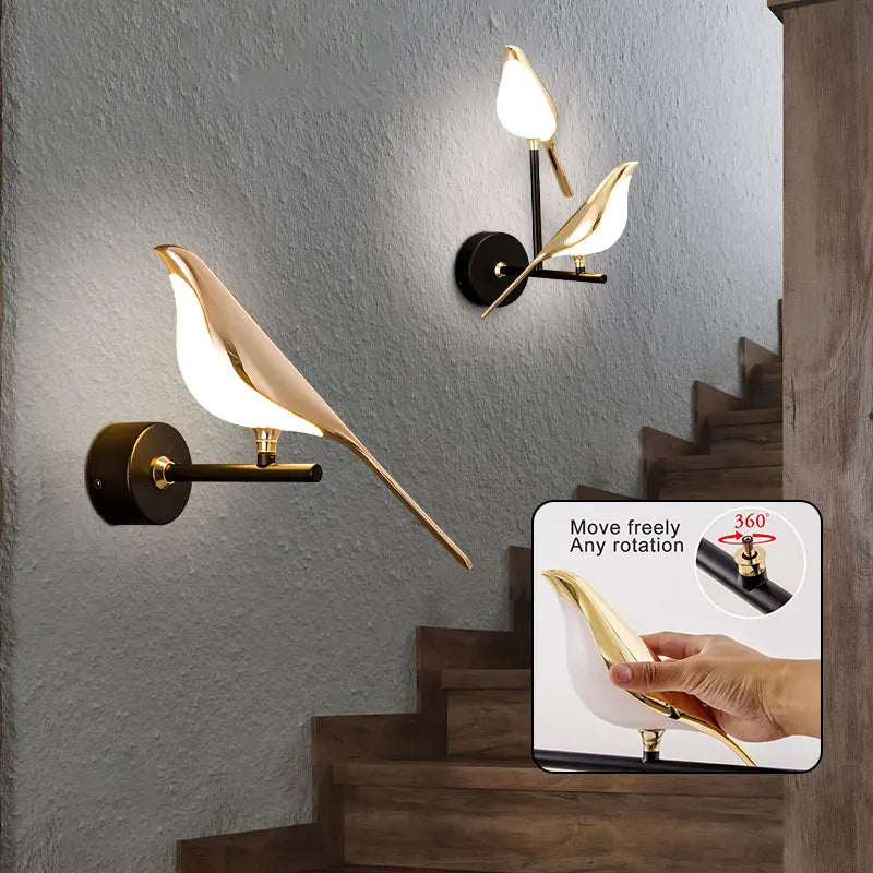 Afralia™ Magpie Bird Touch Switch LED Wall Lamps 360° Rotatable Indoor Golden Silver Wall Lights