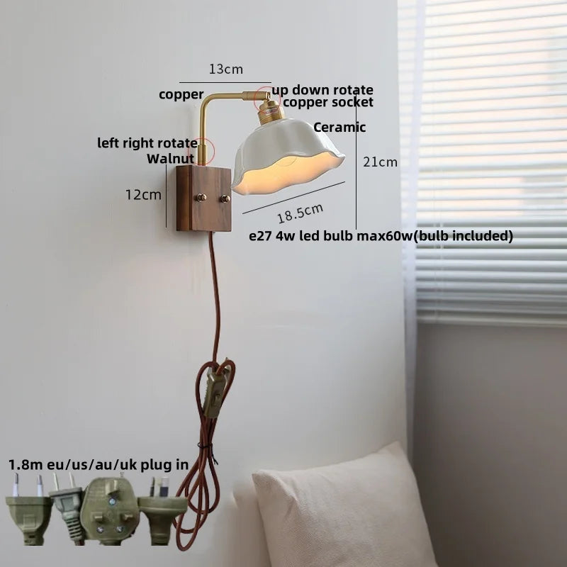 Afralia™ Nordic LED Wall Light with Pull Chain Switch, Rotatable Design in Walnut Copper & Ceramic