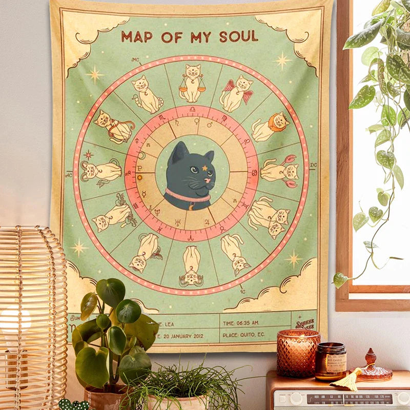 Afralia™ Cat Tapestry Soul Tarot Zodiac Constellation Wheel Retro Boho Living Room Decor