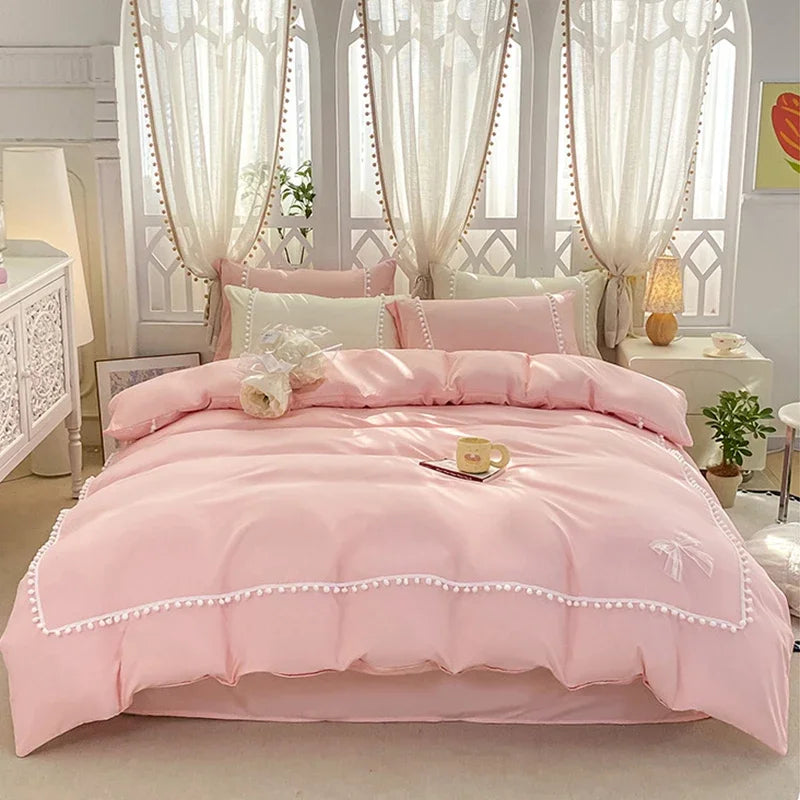 Afralia™ Pearl Lace Bowknot Princess Bedding Sets for Girl Woman Bedroom