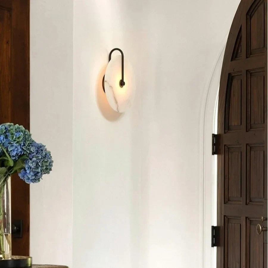Afralia™ Nordic LED Wall Sconce Black Iron Round Marble Light Fixture