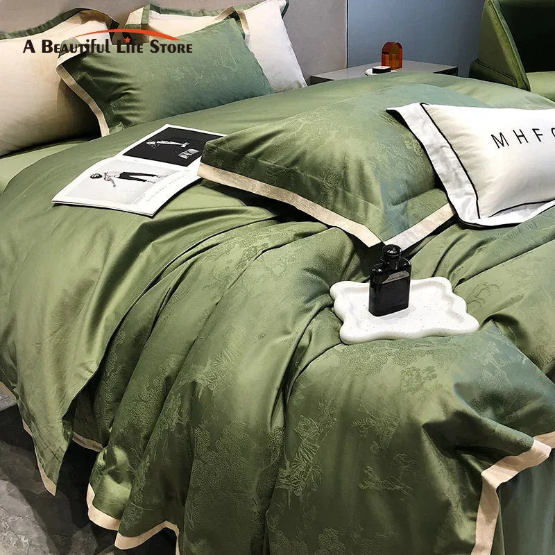 Afralia™ Luxury Egyptian Cotton Satin Jacquard Bedding Set with Ink Painting Design