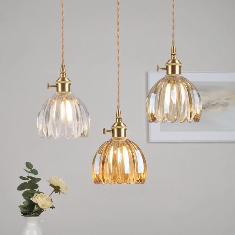 Afralia™ Retro Flower Glass Copper Pendant Lamp: Nordic LED Light for Bedroom Decor