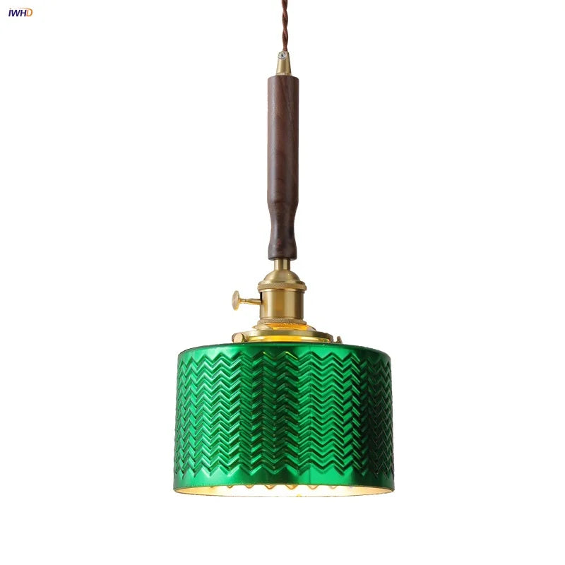 Afralia™ Modern Walnut Wood LED Pendant Lights with Green Glass & Copper Knob Switch