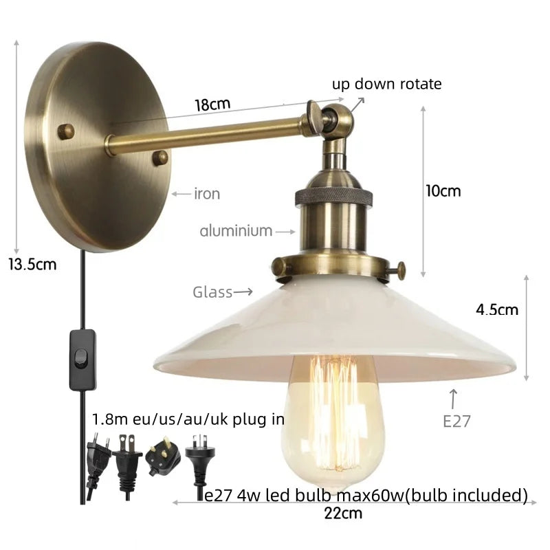 Afralia™ Retro White Glass LED Wall Light Sconce Industrial Vintage Bedroom Lamp