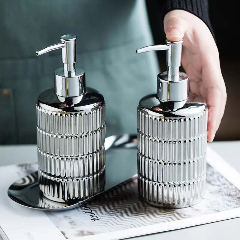 Afralia™ Ceramic Soap Dispenser Set | Silver Bathroom Shampoo Bottles 340 ML