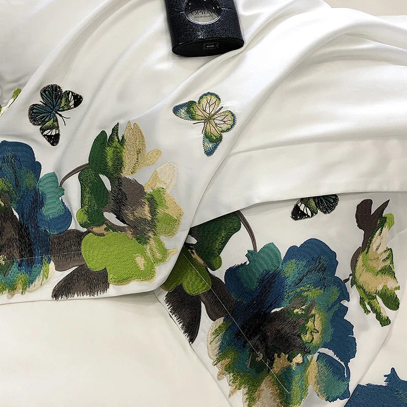 Afralia™ Luxury Egyptian Cotton Bedding Set, Flowers Embroidery, 1000TC