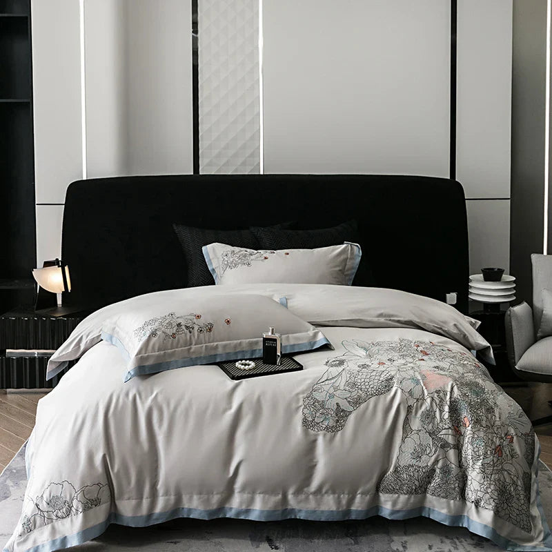 Afralia™ Cotton Flowers Horse Embroidery Luxury Bedding Set - Duvet Cover, Bed Sheet, Pillowcases