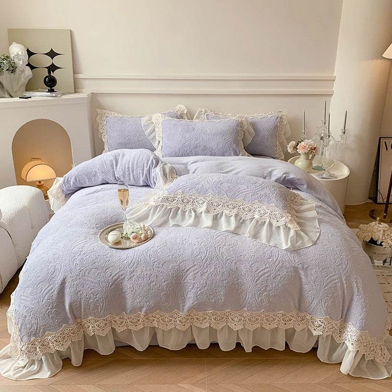 Afralia™ Luxe Velvet Lace Ruffle Duvet Set with Plush Pillowcases, Winter Bedding Collection