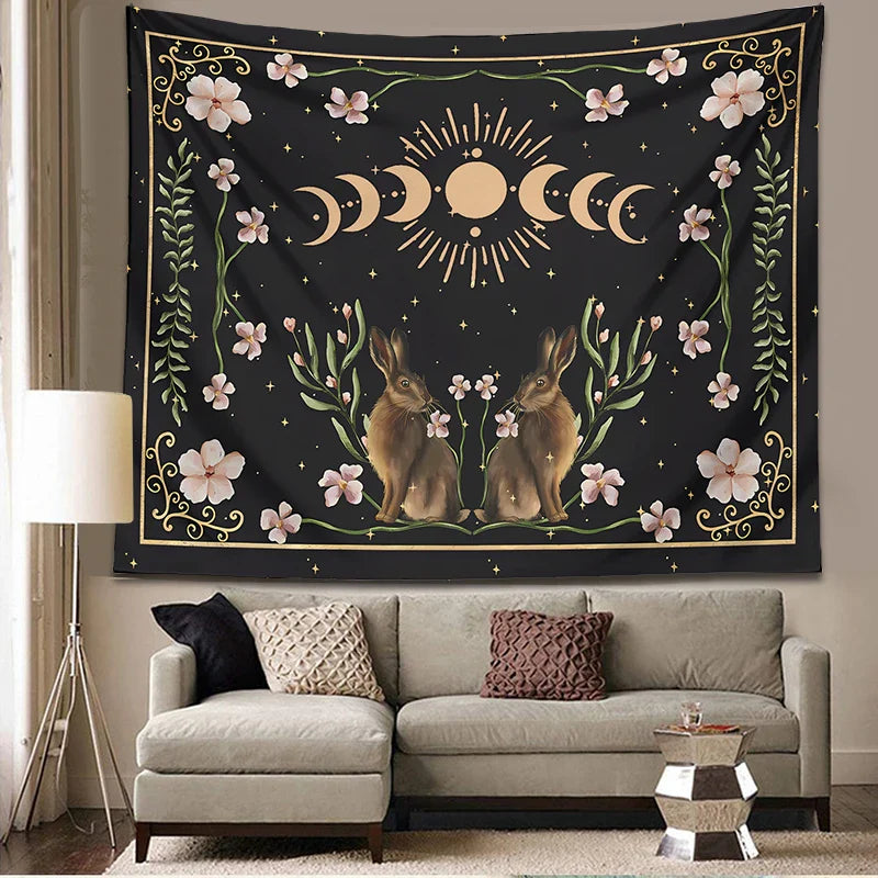 Afralia™ Moon Phase Rabbit Tarot Cloth Celestial Botanical Wall Hanging