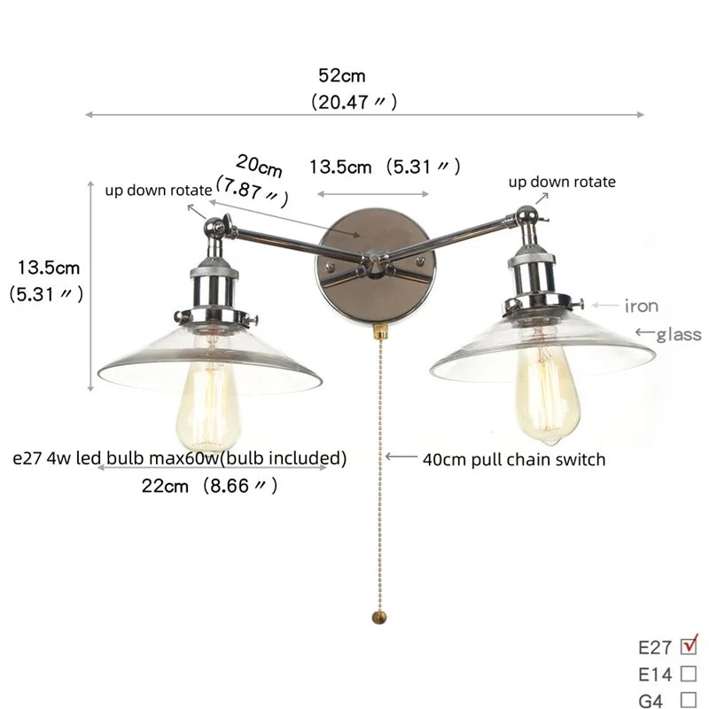 Afralia™ Chrome LED Wall Sconce Pull Chain Switch Industrial Loft Bathroom Mirror Light