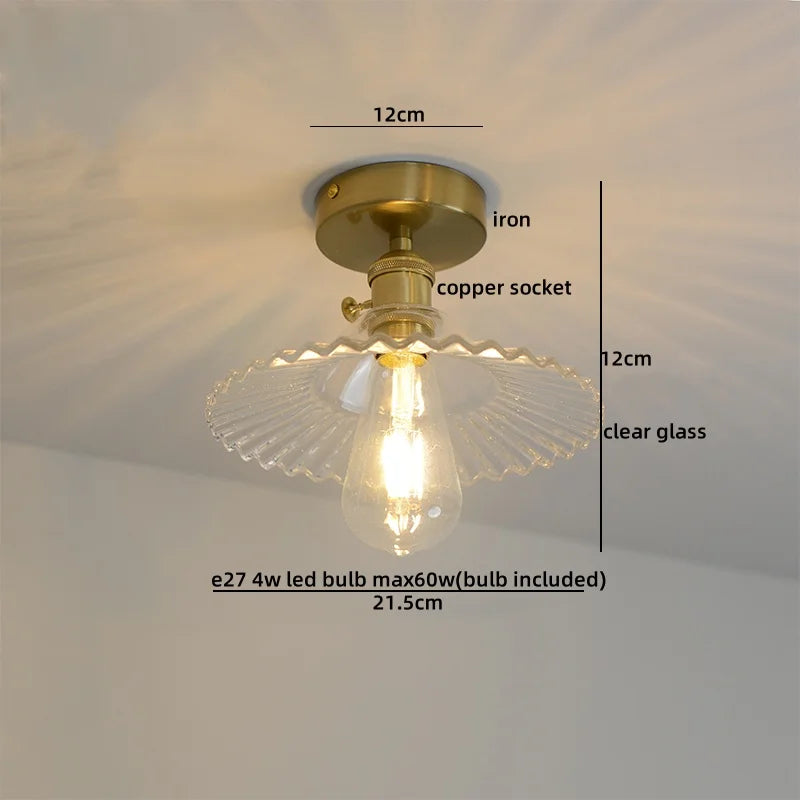 Afralia™ Green Glass Copper Ceiling Light Fixture Balcony Kitchen Modern LED Lamp