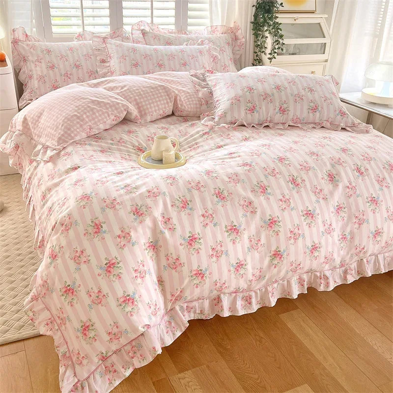 Afralia™ Floral Princess 100% Cotton Duvet Set for Queen Size Bed