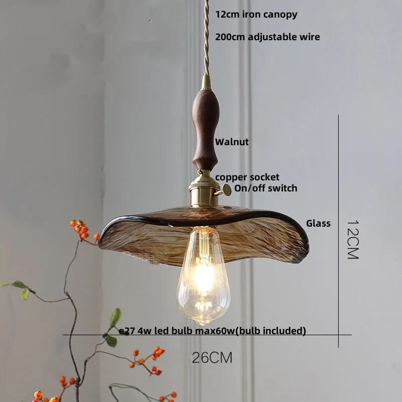 Afralia™ Amber Glass LED Pendant Light Fixture, Vintage E27 Copper Hanging Lamp