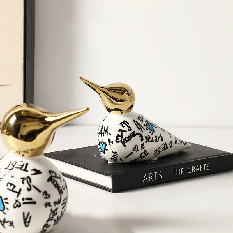 Afralia™ Sparrow Ceramic Ornament Gold Beak Abstract Pattern Decoration