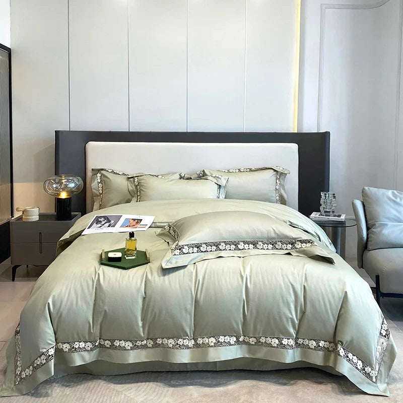 Afralia™ Luxury Egyptian Cotton Flowers Duvet Cover Set, Champagne Grey, Orange