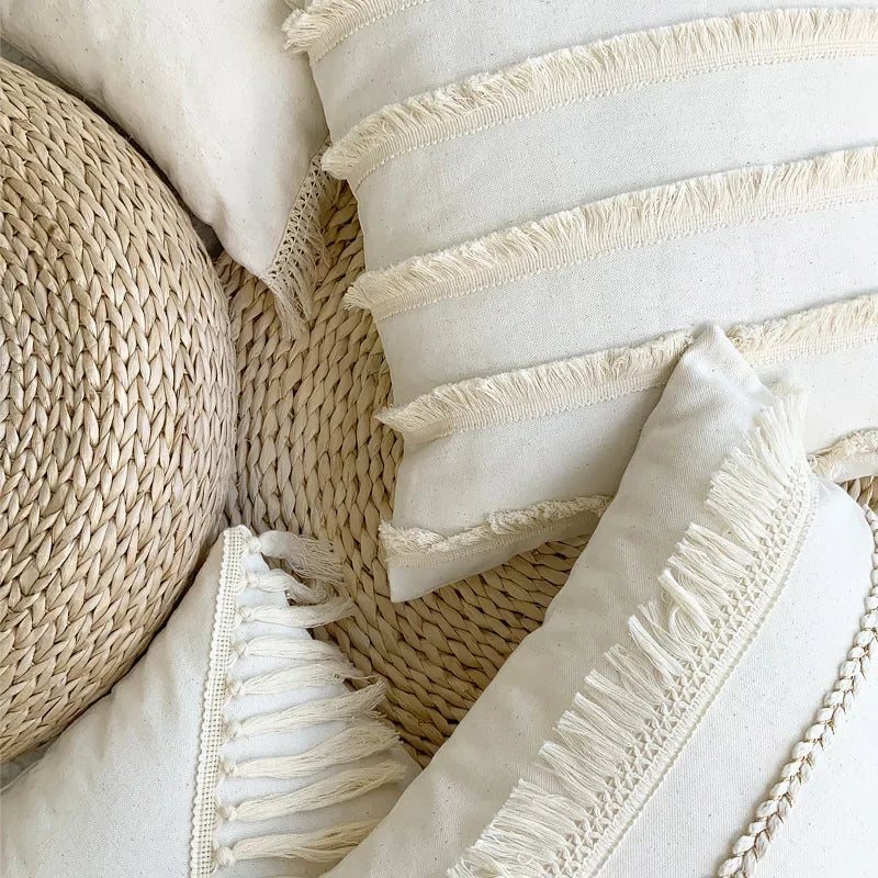 Afralia™ Boho Linen Cotton Pillow Cover with Tassels - Beige Square/Rectangular 45x45cm/30x50cm