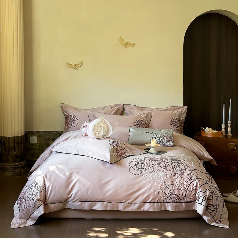 Afralia™ Rose Flowers Luxury Embroidery Bedding Set - 1000TC Egyptian Cotton 4Pcs