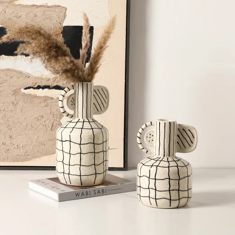 Afralia™ Geometric Line Ceramic Vase Flowerpot Tray Home Decor Accessory