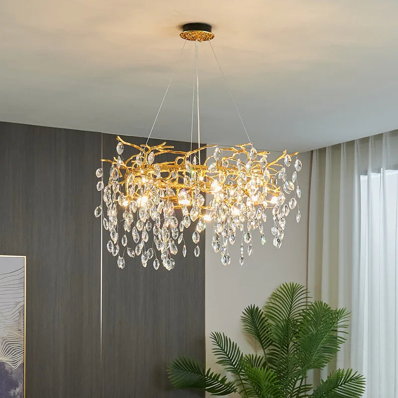 Afralia™ Golden Crystal Tree Chandelier, Luxury Matte Aluminum Art Ceiling Light for Living Room