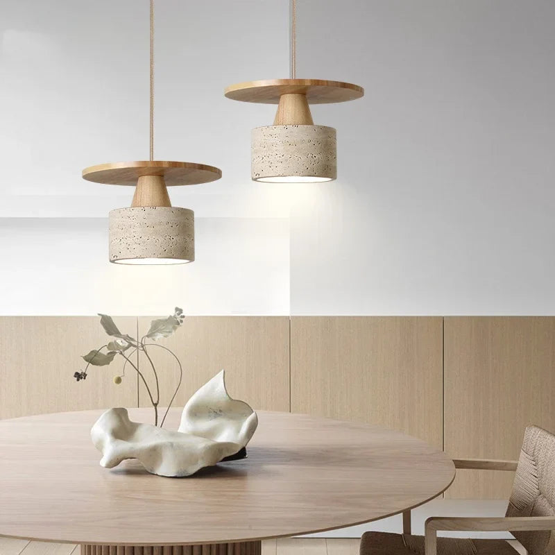 Afralia™ Yellow Travertine LED Pendant Lamp with Natural Wood Accent