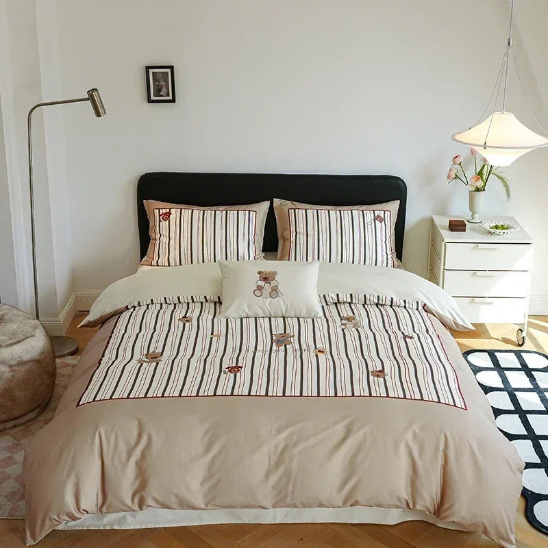 Afralia™ Cotton Embroidered King Queen Bedding Set with High-Quality Duvet Cover Pillowcases