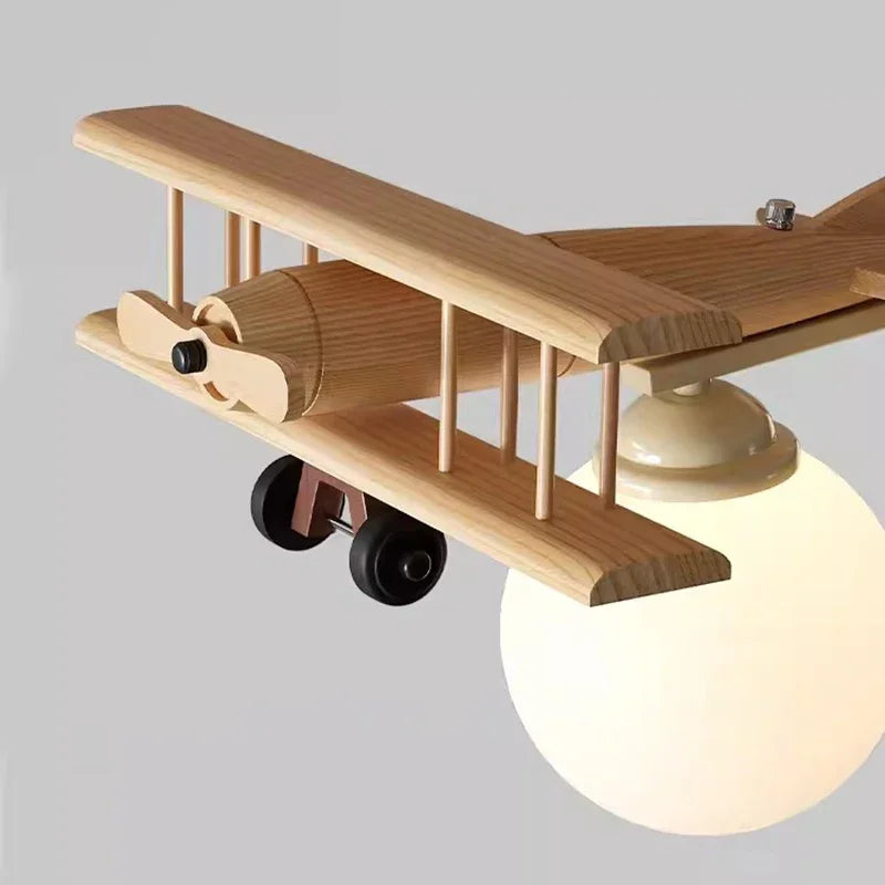 Afralia™ Wooden Plane Nursery Ceiling Light for Kids Room LED Chandelier