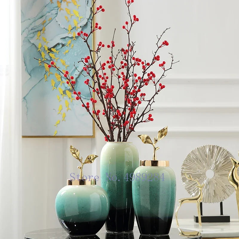 Afralia™ Gradient Ceramic Vase with Golden Leaves Cover for Modern Home Decor and Weddings