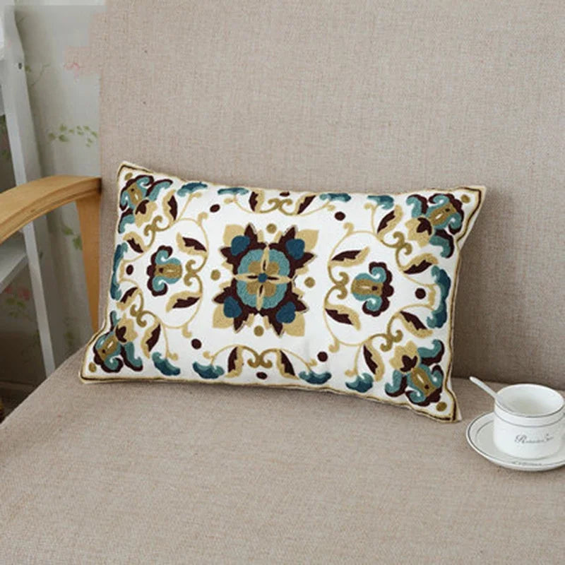 Afralia™ Ethnic Floral Canvas Cotton Embroidered Lumbar Pillow Case 30x50cm