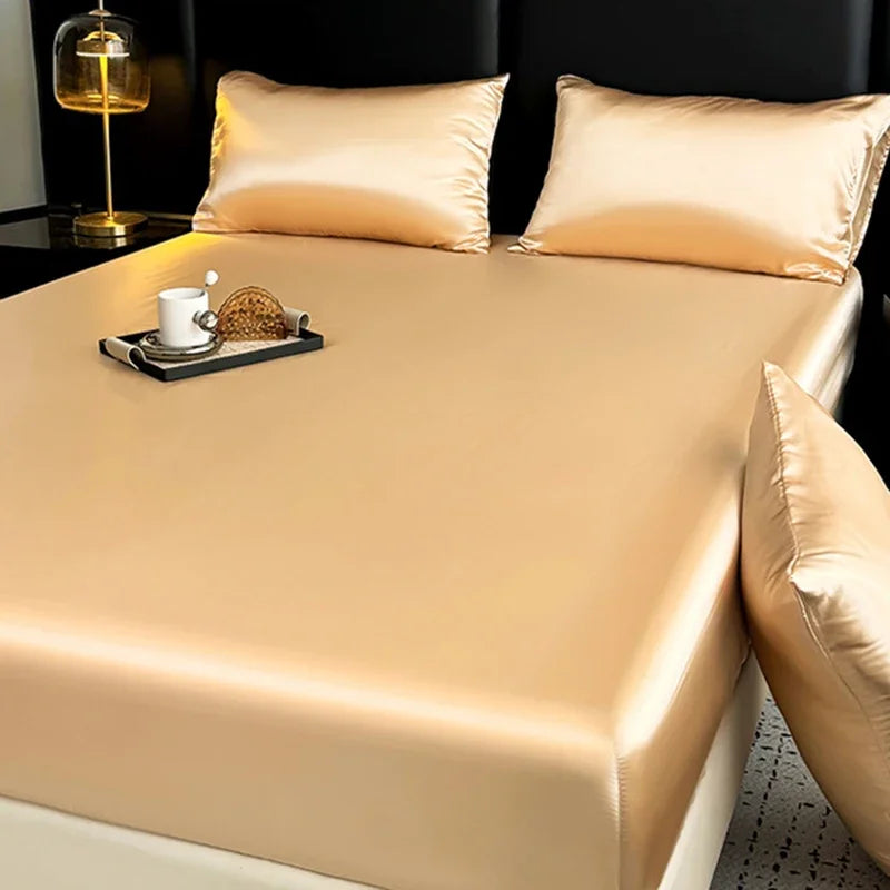 Afralia™ Silky Satin Fitted Sheet Set with Deep Pockets, Queen King Size Bedsheet + 2 Pillowcases