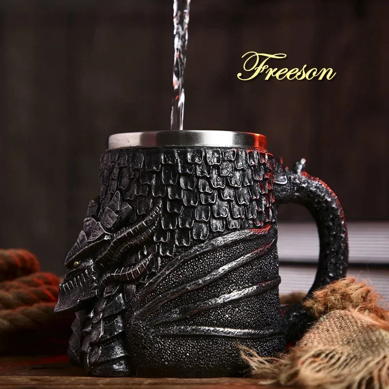 Afralia™ Medieval Dragon Skull Beer Mug 600ml Stainless Steel Tankard Pub Bar Decor