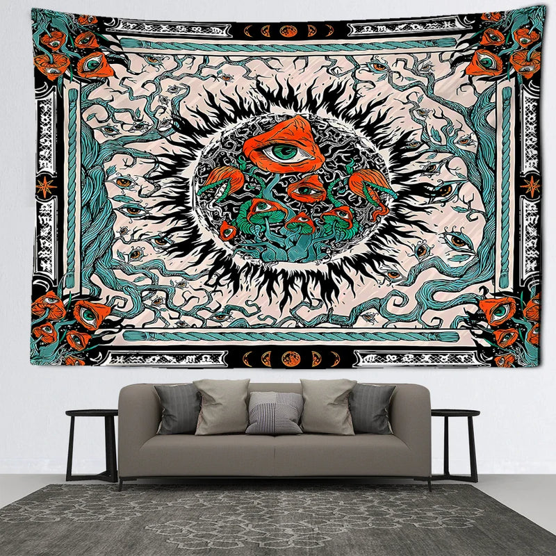 Orange Eyed Mushroom Sun Tapestry - Afralia™ Abstract Psychedelic Room Decor