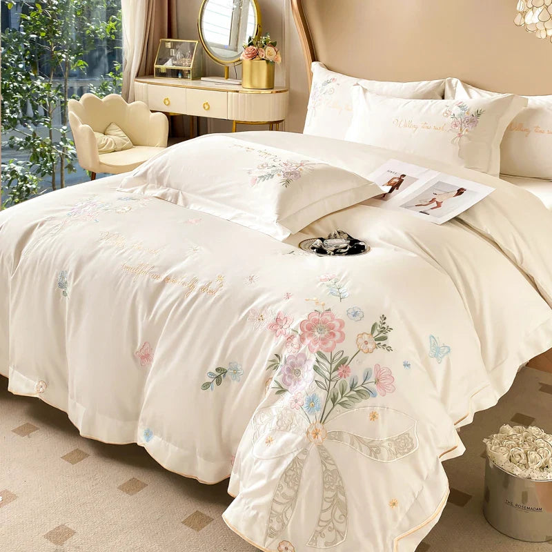 Afralia™ Chic Flowers Embroidery Bedding Set, 100% Cotton, 400TC