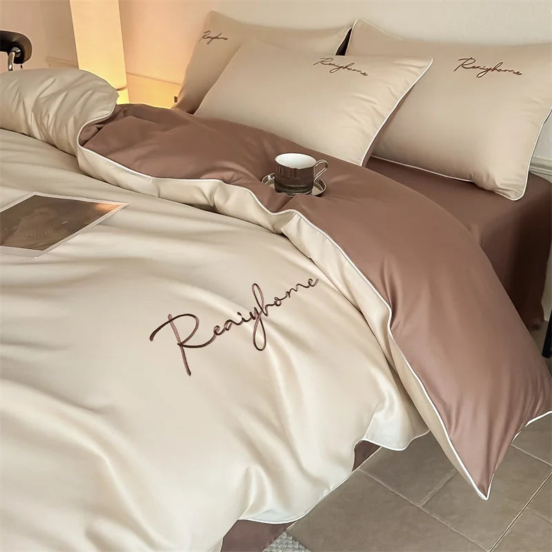 Afralia™ Pure Cotton Luxury Embroidery Bedding Set - Nordic Solid Color Duvet Bedclothes