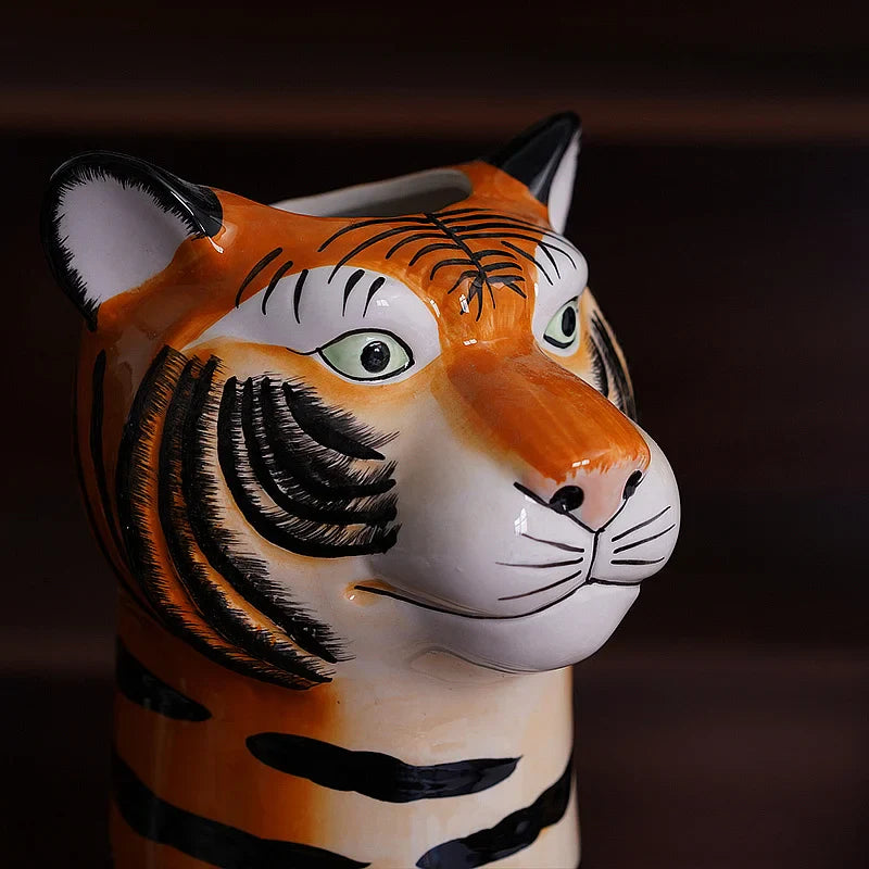 Afralia™ Tiger Head Vase Cartoon Sculpture | Handcrafted Animal Ornament for Home Décor