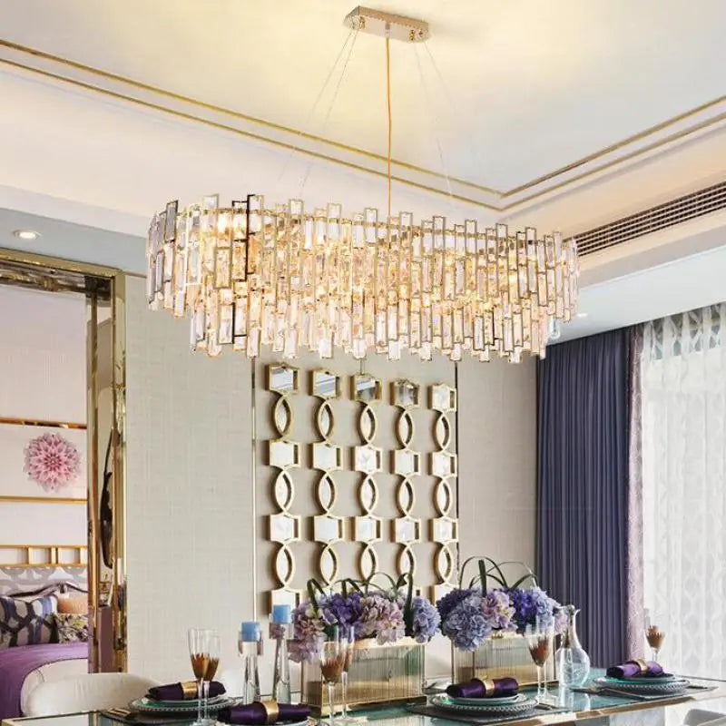 Afralia™ Gold Steel Crystal Pendant Chandelier - Luxury LED Dining Room Hanging Lamp