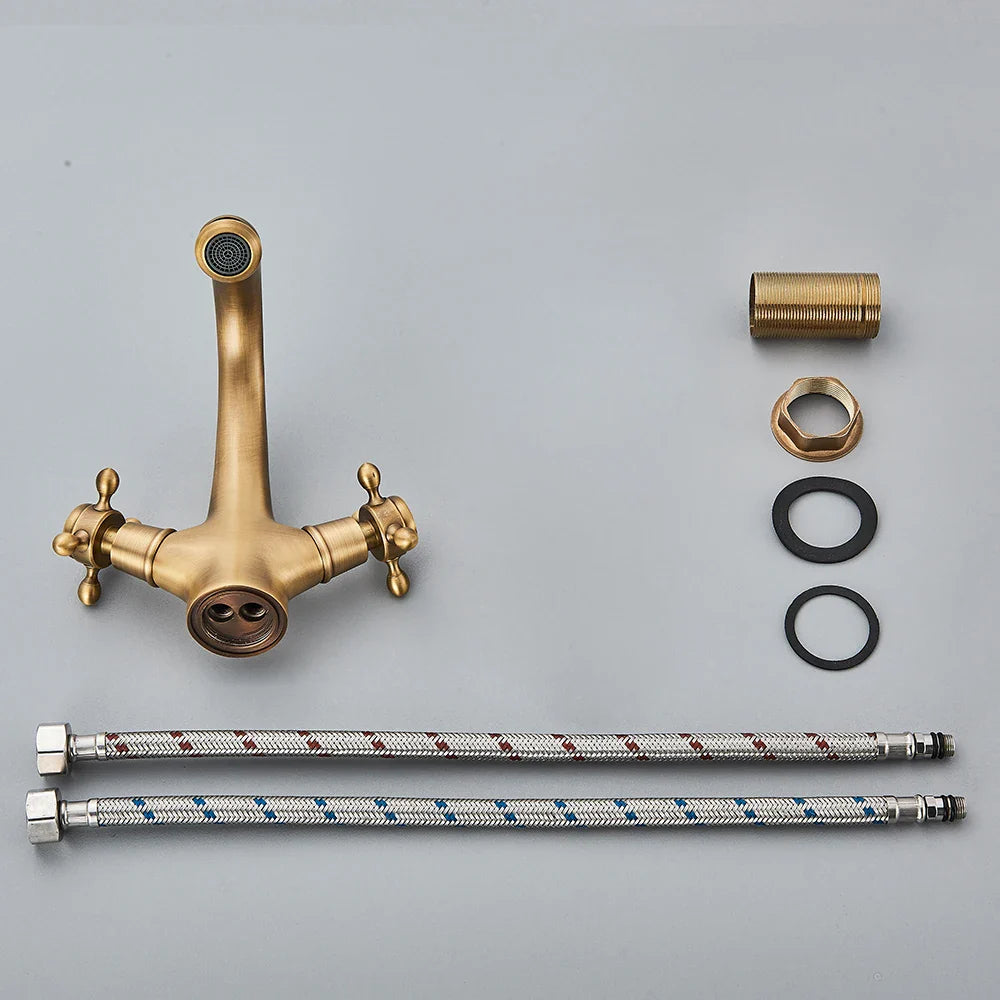 Afralia™ Antique Brass Dual Handle Basin Faucet Deck Mounted Bathroom Mixer Tap