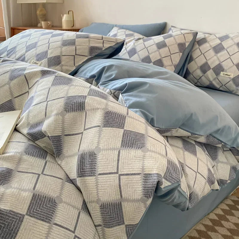 Afralia™ Grid Printed Cotton Fitted Sheet Set - Double-Sided Mix Color Quilt Cover