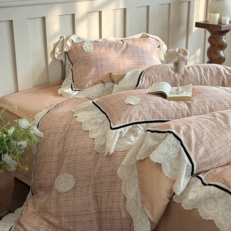 Afralia™ French Lace Ruffles Lattice Bedding Set 1000TC Egyptian Cotton Duvet Cover Sheets Pillows