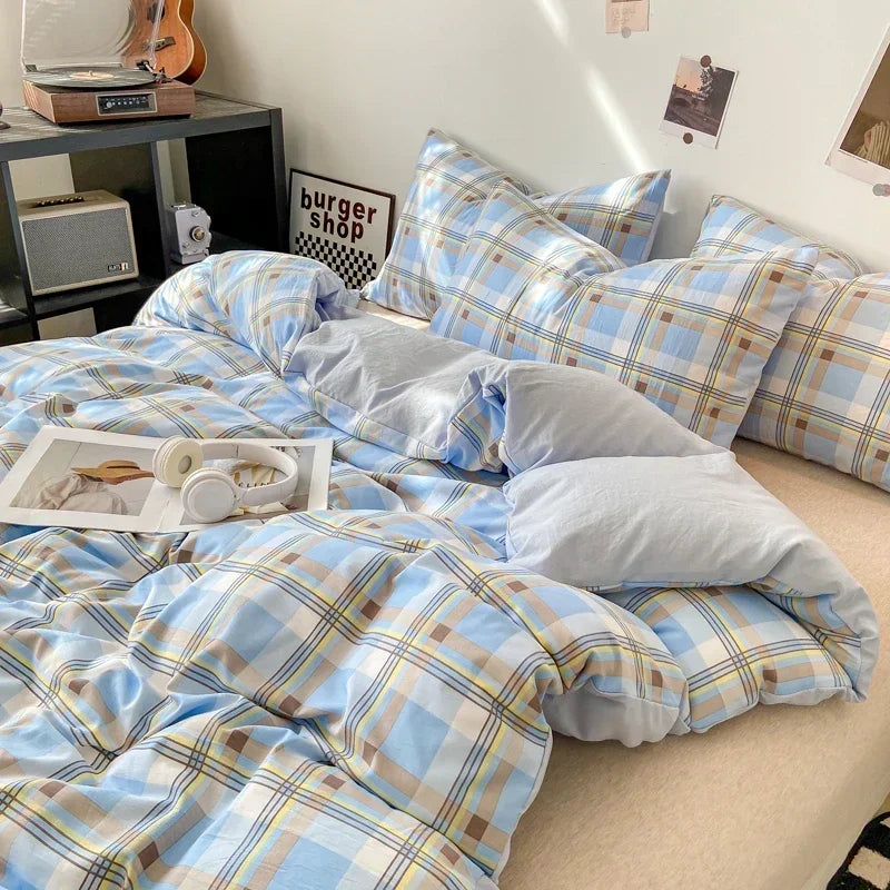 Afralia™ Japanese Style Check Duvet Cover Set - Soft Washed Quilt Cover & Pillowcase