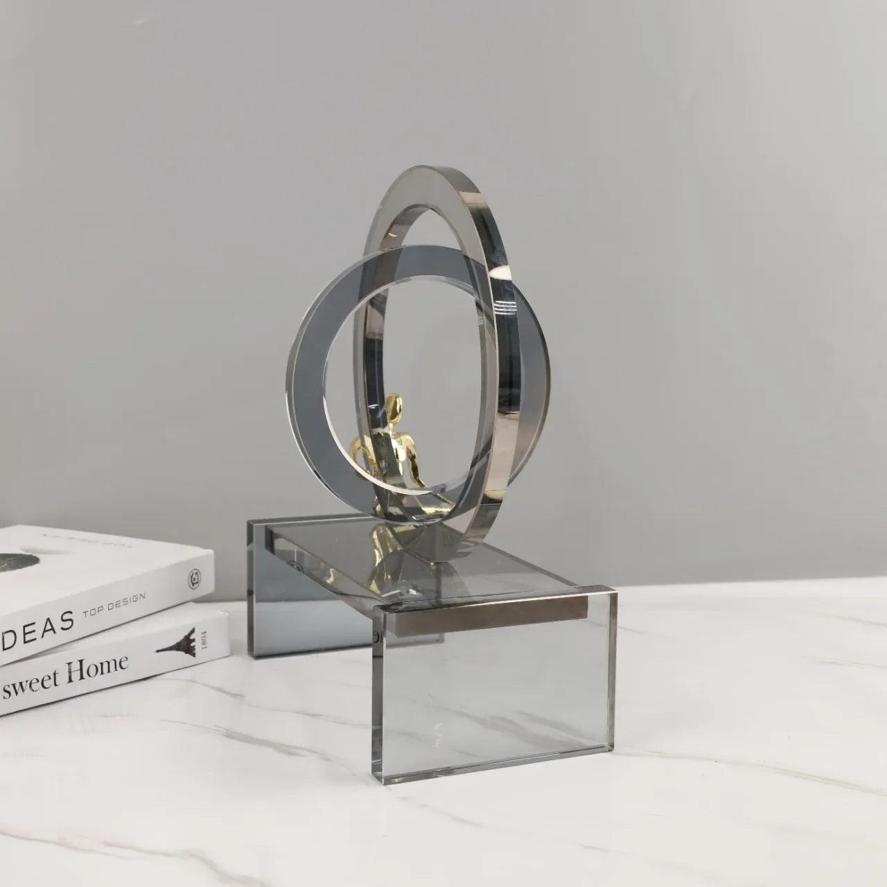 Afralia™ Geometric Crystal Rings Golden Man Ornament Glass Figurines Home Decor