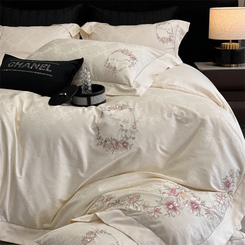 Afralia™ Silky Chic Jacquard Cotton Bedding Set with Flowers Embroidery
