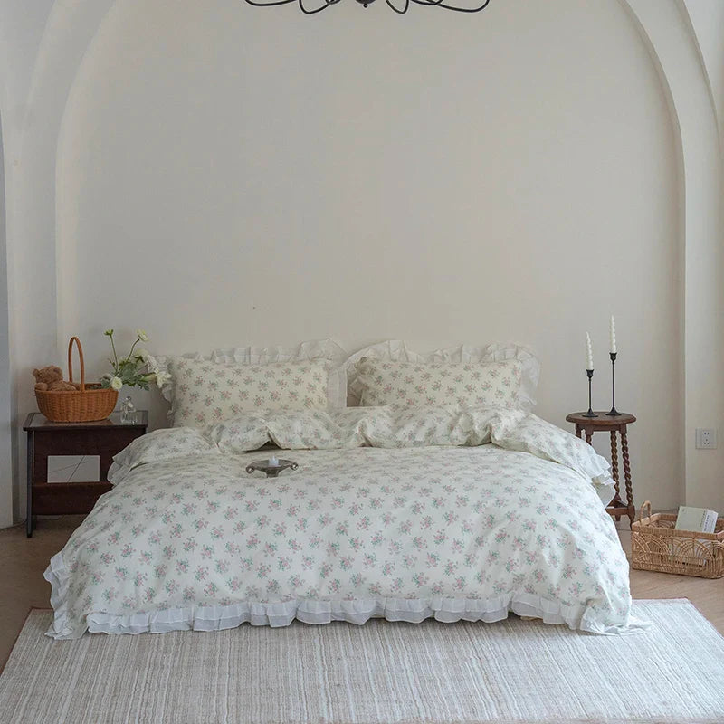 Afralia™ Floral Ruffles Bedding Set | Pure Cotton Vintage Duvet Cover & Bed Sheet
