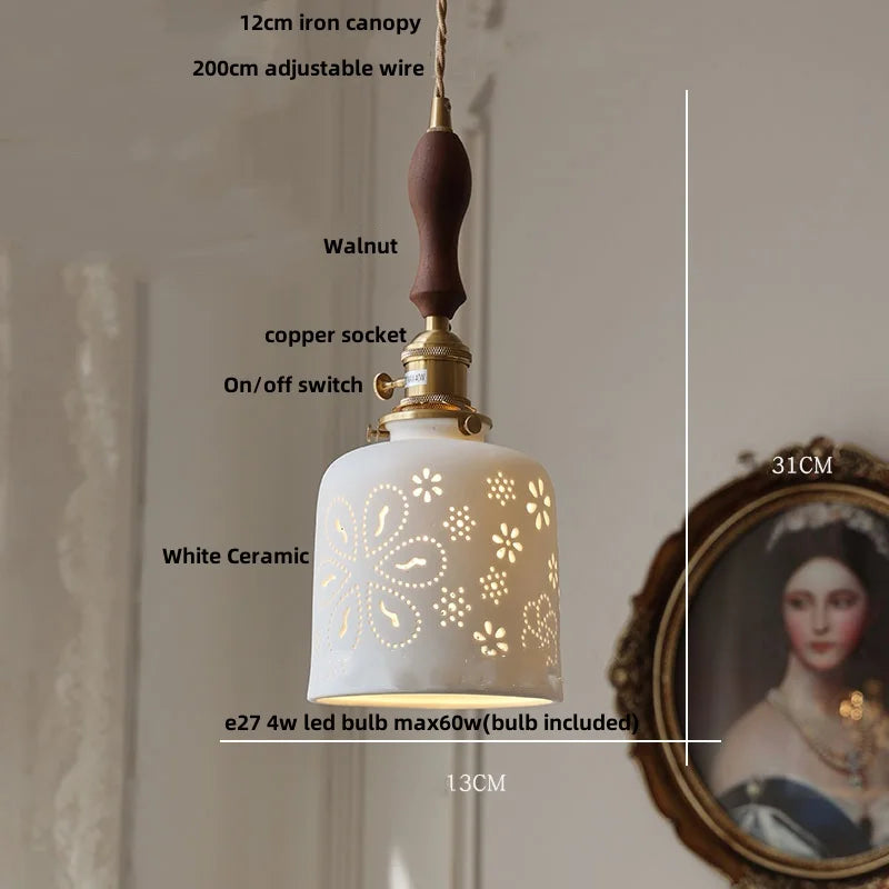 Afralia™ Walnut Wood LED Pendant Lights Modern Ceramic Switch Hanging Lamp