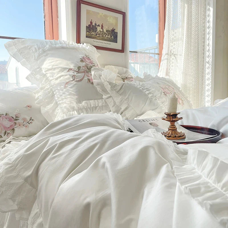 Afralia™ Vintage Rose Bouquet Embroidered Duvet Set with Ruffles & Patchwork