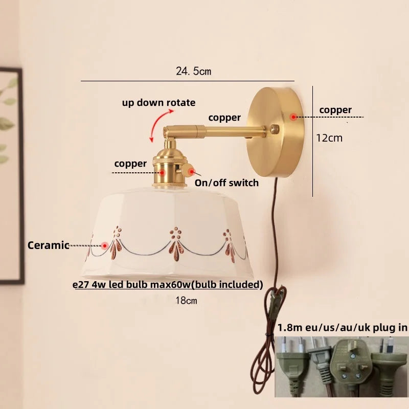 Afralia™ Ceramic LED Wall Lamps Pull Chain Switch Rotate Copper Vanity Light