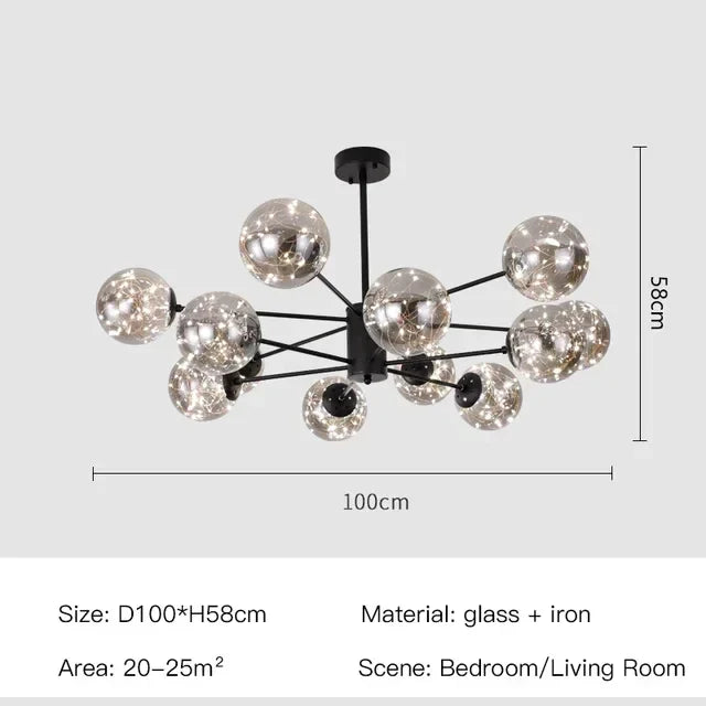 Afralia™ Black Glass Ball LED Chandelier for Living Room, Bedroom - Dimmable Nordic Luxury Fixture