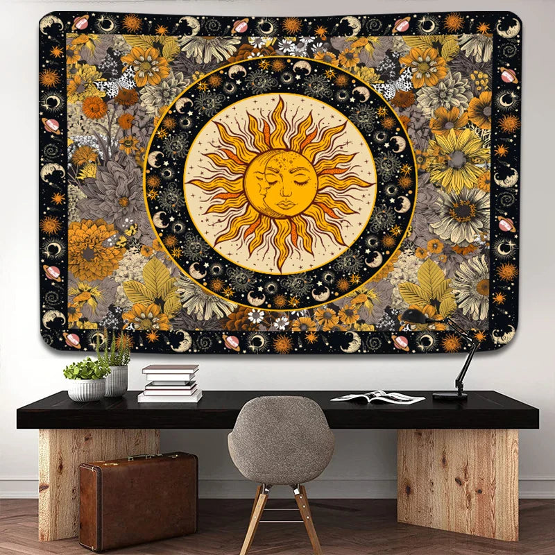 Sun Moon Tapestry Vintage Boho Wall Hanging by Afralia™ with Sunflowers Moth Constellation Aesthetic