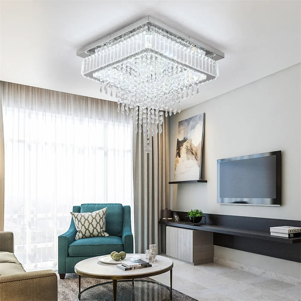 Afralia™ Crystal Square LED Chandelier: Modern Dimmable Ceiling Light for Bedroom, Living, Dinning Rooms